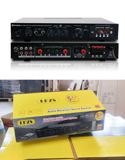 Black 5.1 channel digital audio karaoke amplifier with red led display and multiple ports for home theater outdoor use and bass stage home