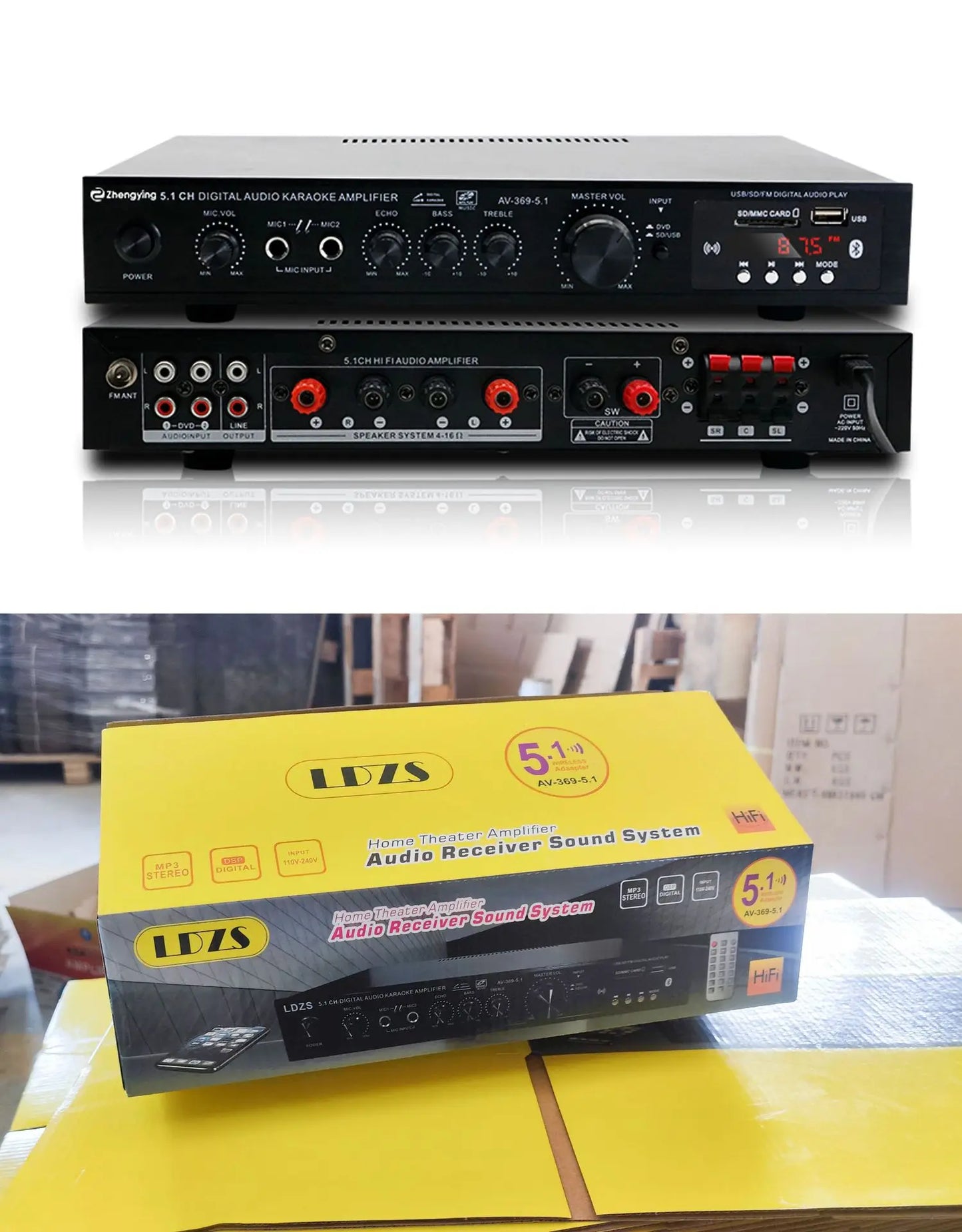 Black 5.1 channel subwoofer bass power amplifier with red led display and multiple ports for home theater outdoor use