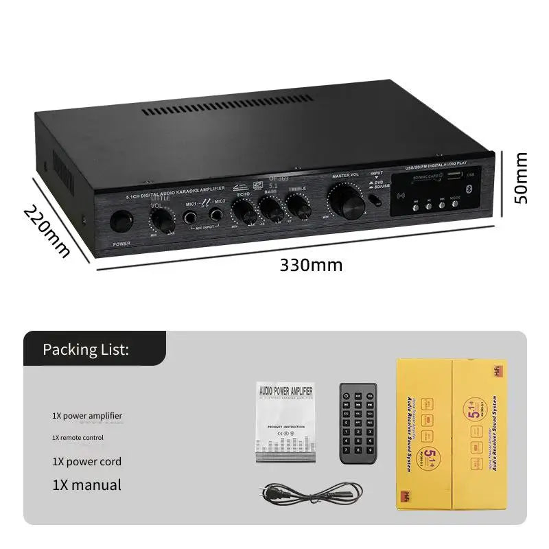 Black 5.1ch digital audio karaoke amplifier with multiple input jacks and control knobs for bass stage home theater outdoor use