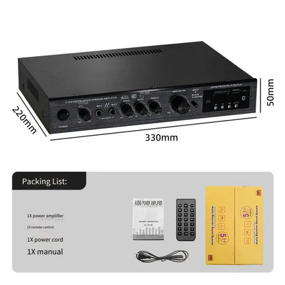 Black 5.1ch digital audio karaoke amplifier with multiple input jacks and control knobs for bass stage home theater outdoor use