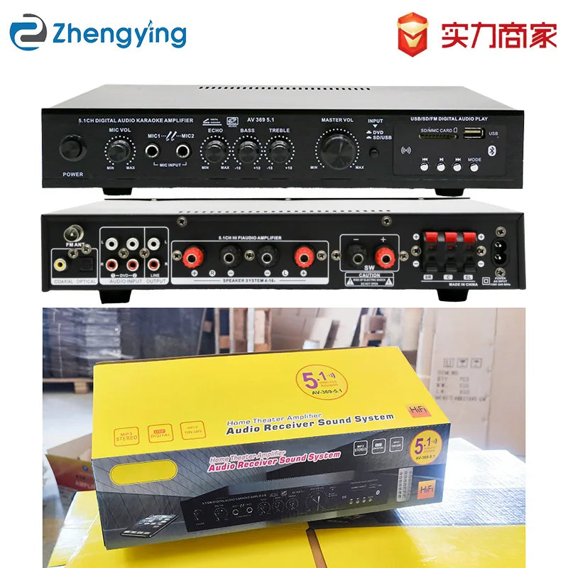Black 5.1ch digital audio power amplifier with silver knobs and red terminals for home theater outdoor bass use
