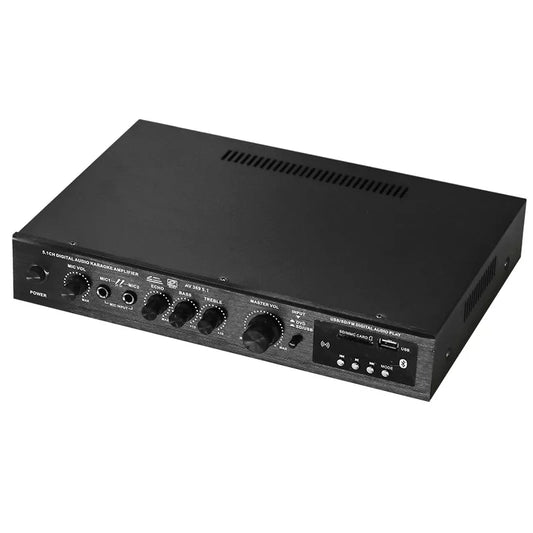 Black rectangular 5.1 channel subwoofer bass power amplifier with knobs and usb for home theater outdoor use
