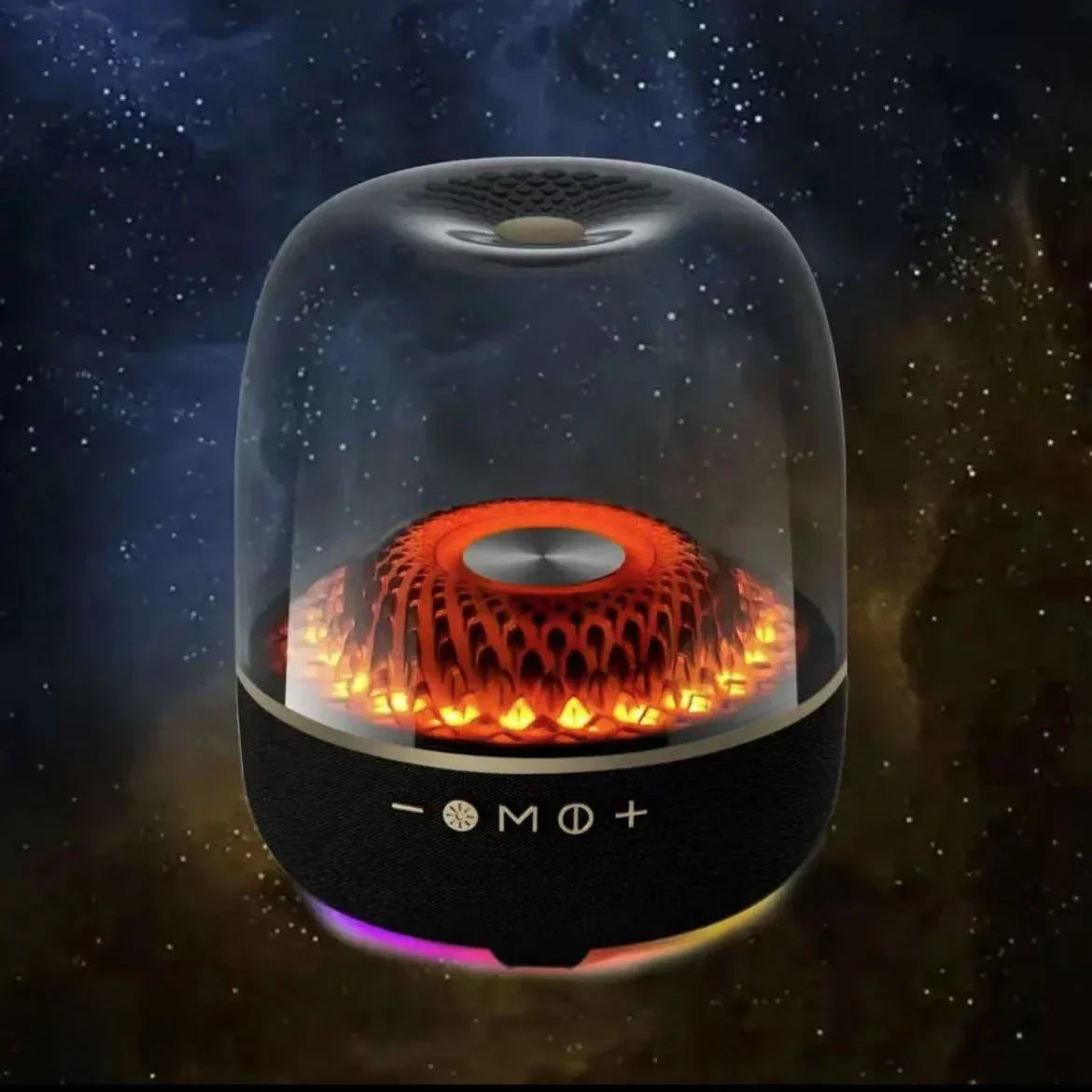 Transparent bluetooth speaker high power bass sound box with illuminated orange flame design and black base surround sound column