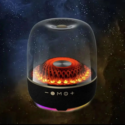 Transparent bluetooth speaker high power bass sound box with illuminated orange flame design and black base surround sound column