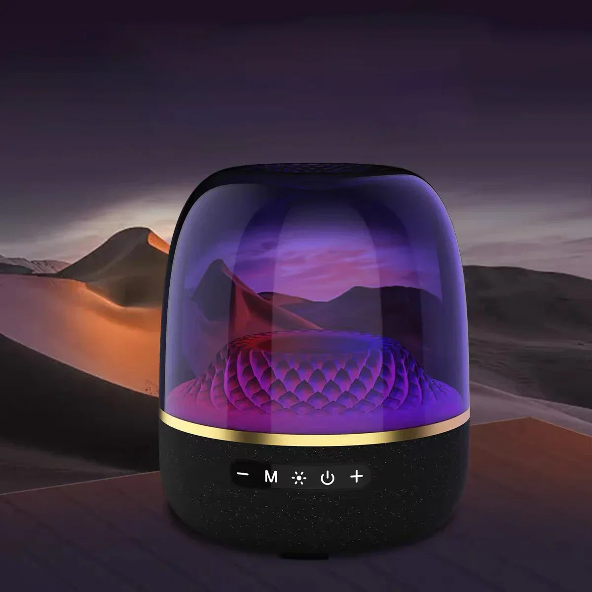 Black and gold transparent bluetooth speaker with illuminated textured interior high power bass sound box surround sound column