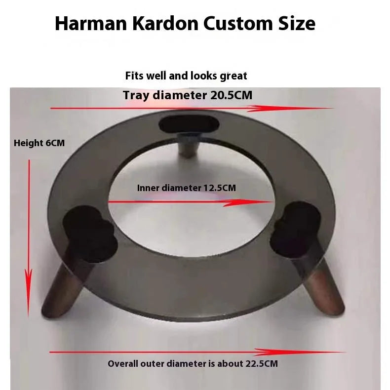 Harman kardon surround sound column with metallic finish circular stand and wooden legs for bass sound box use