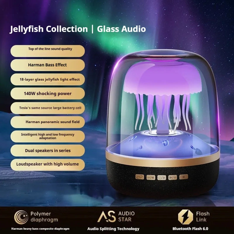 A sleek black and gold glass transparent bluetooth speaker with a glowing purple jellyfish effect bass sound box