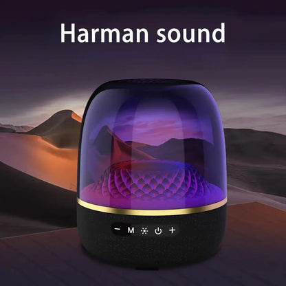 Black harman high power bass sound box with translucent purple dome gold trim transparent bluetooth speaker column