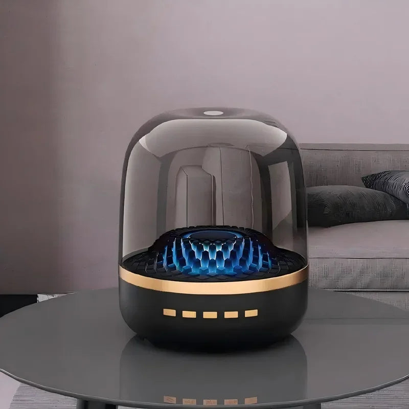 High power bass sound box transparent bluetooth speaker with black and gold surround sound column and blue led lighting