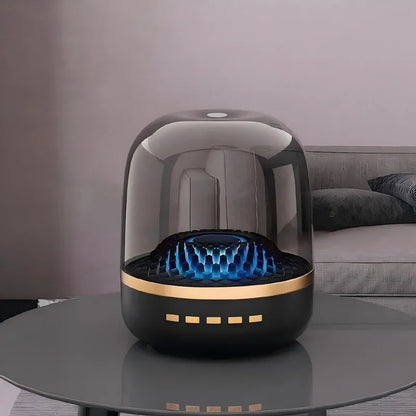 High power bass sound box transparent bluetooth speaker with black and gold surround sound column and blue led lighting