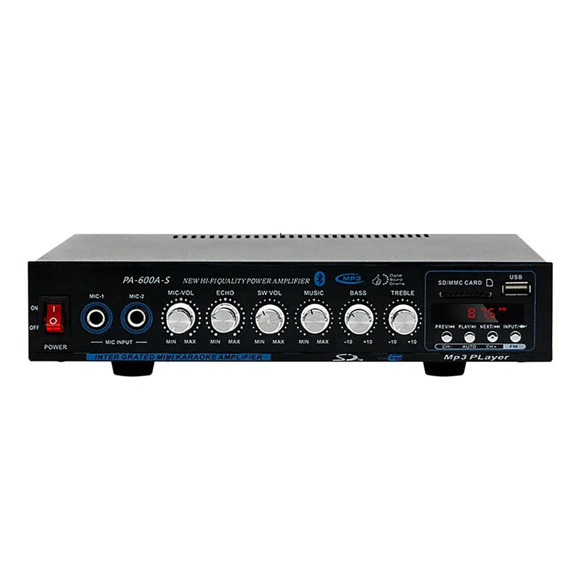 Black pa-600a-s mini bluetooth amplifier with silver knobs and digital display for home car channel surround sound use