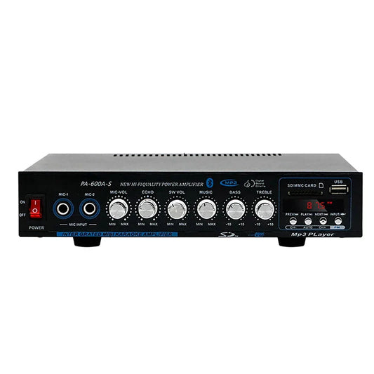 Black pa-600a-s mini bluetooth amplifier with silver knobs and digital display for home car channel surround sound use