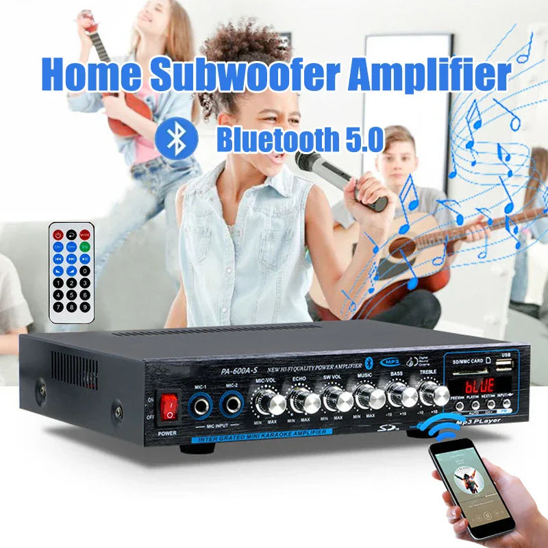 Black pa-600a-s home car amplifier with multiple control knobs usb remote control and digital display bluetooth amplifier