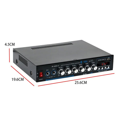 Black pa-6024-s 2.1 channel surround sound bluetooth amplifier with silver knobs and digital display for home car use