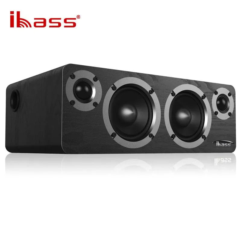 Black wood-grain finished ibass 922 center channel speaker with three silver-rimmed drivers as a power wireless bluetooth wooden desktop subwoofer for shocking lossless hifi music