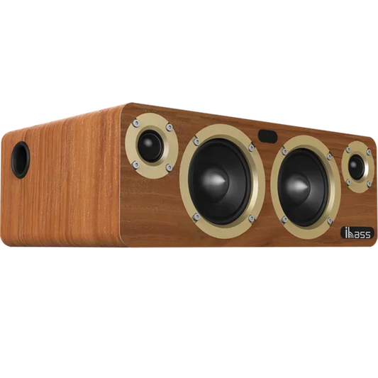 Wooden-finish power wireless bluetooth center channel speaker with three black drivers and gold rings for hiFi surround sound