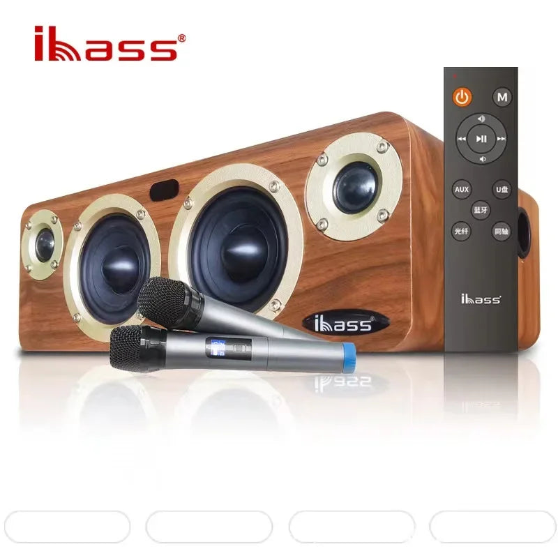 Wooden desktop subwoofer power wireless bluetooth speaker system with three drivers and remote control for shocking lossless hifi