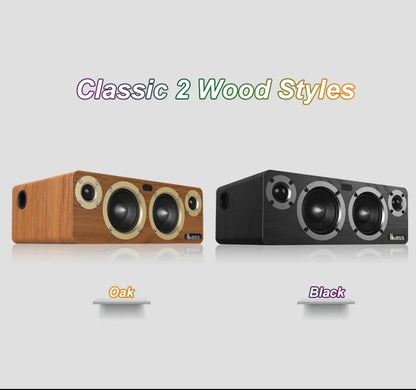 Oak and black wooden desktop subwoofer speakers with gold and silver grilles for power wireless bluetooth shocking lossless hifi audio