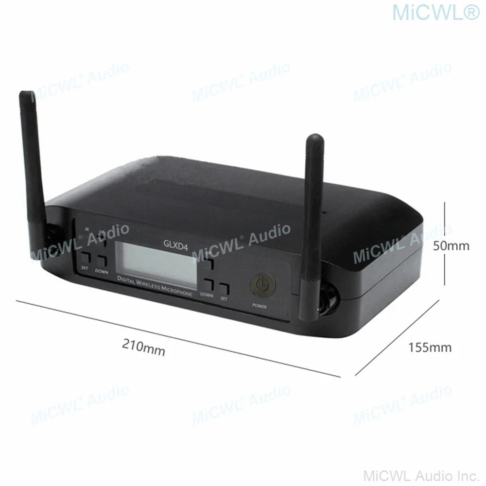 Black micwl audio glxd4 digital wireless microphone receiver with two antennas and display for channel beta wireless mic