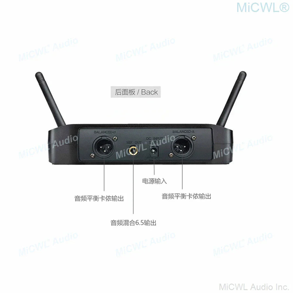 Black micwl audio wireless microphone karaoke receiver with two antennas and balanced xlr outputs for handheld dynamic mic