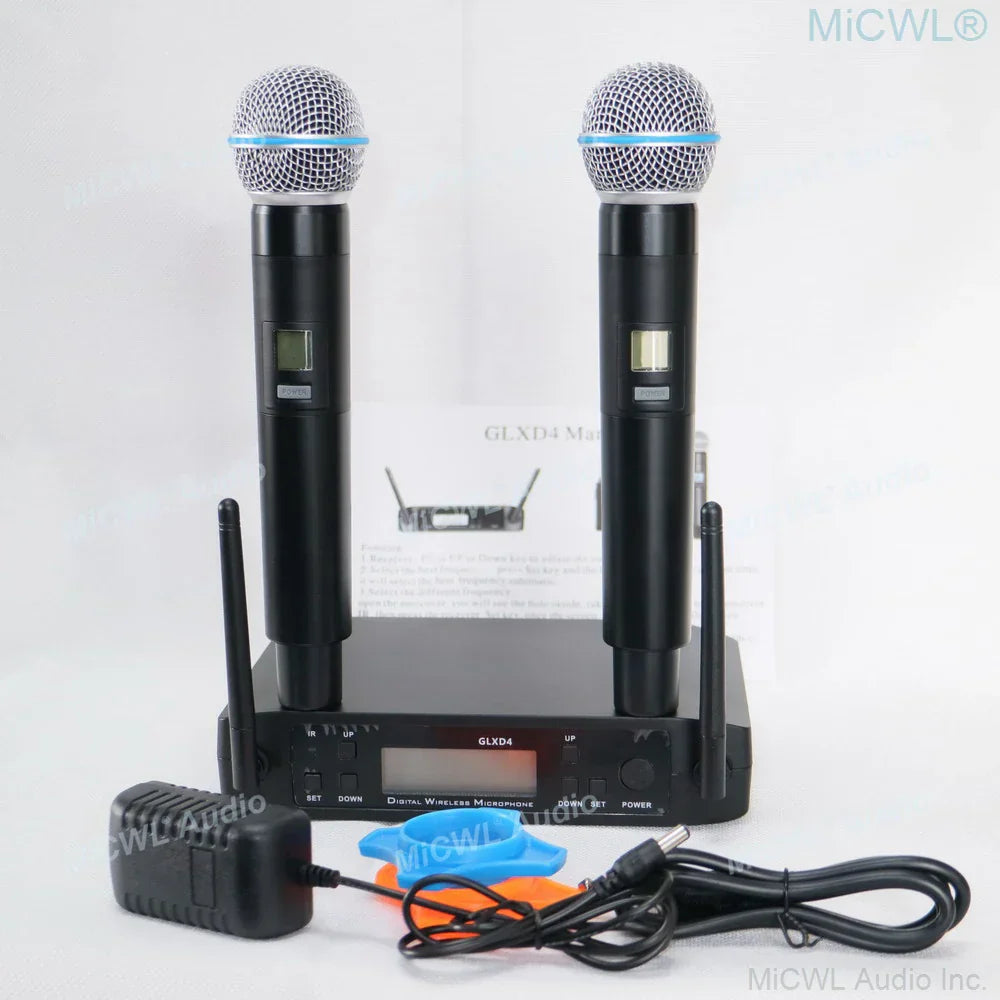High quality black 2 channel beta wireless microphone karaoke system with handheld dynamic mic and silver mesh grille
