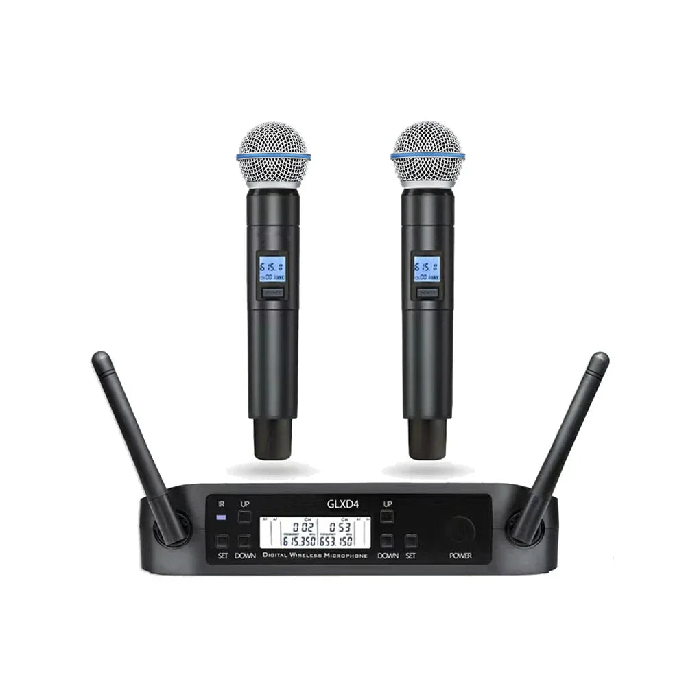 Black high quality 2 channel beta wireless microphone karaoke system with dual handheld dynamic mic and digital receiver unit
