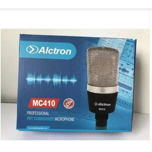 High quality alctron mc410 condenser microphone with black body silver mesh grille and white accent ring for recording