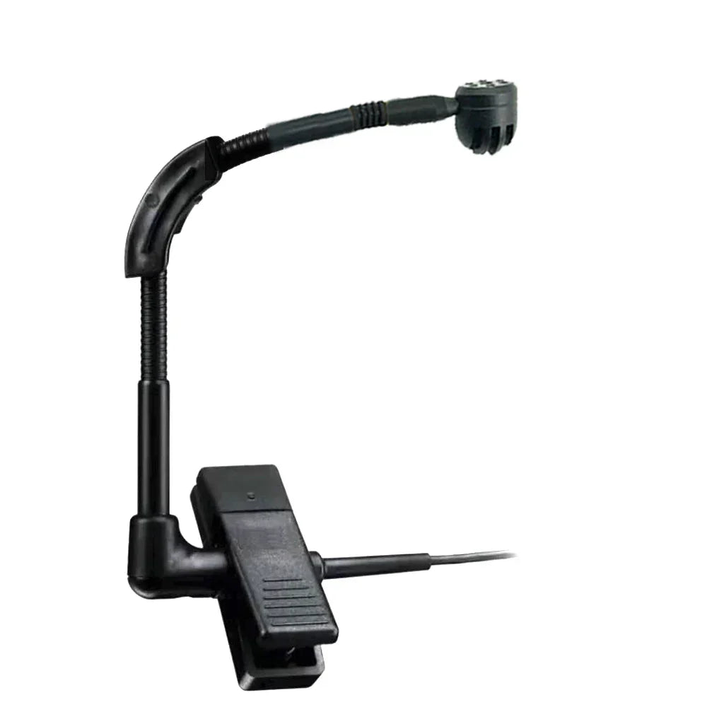 Black clip-on beta98 wired instrument microphone with flexible gooseneck and textured grip for shure wireless boday transmitter ta4f