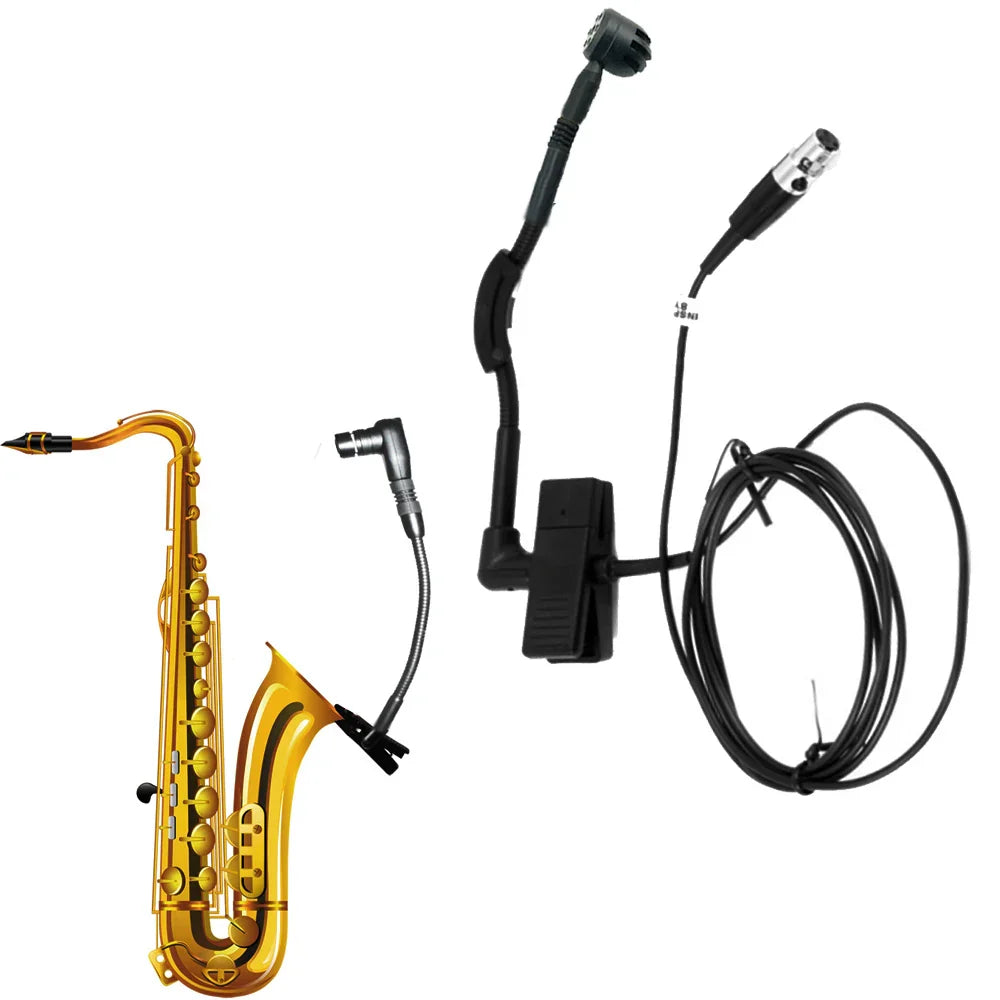 High quality beta98 wired instrument microphone attached to golden saxophone with shiny brass keys for shure wireless boday transmitter ta4f