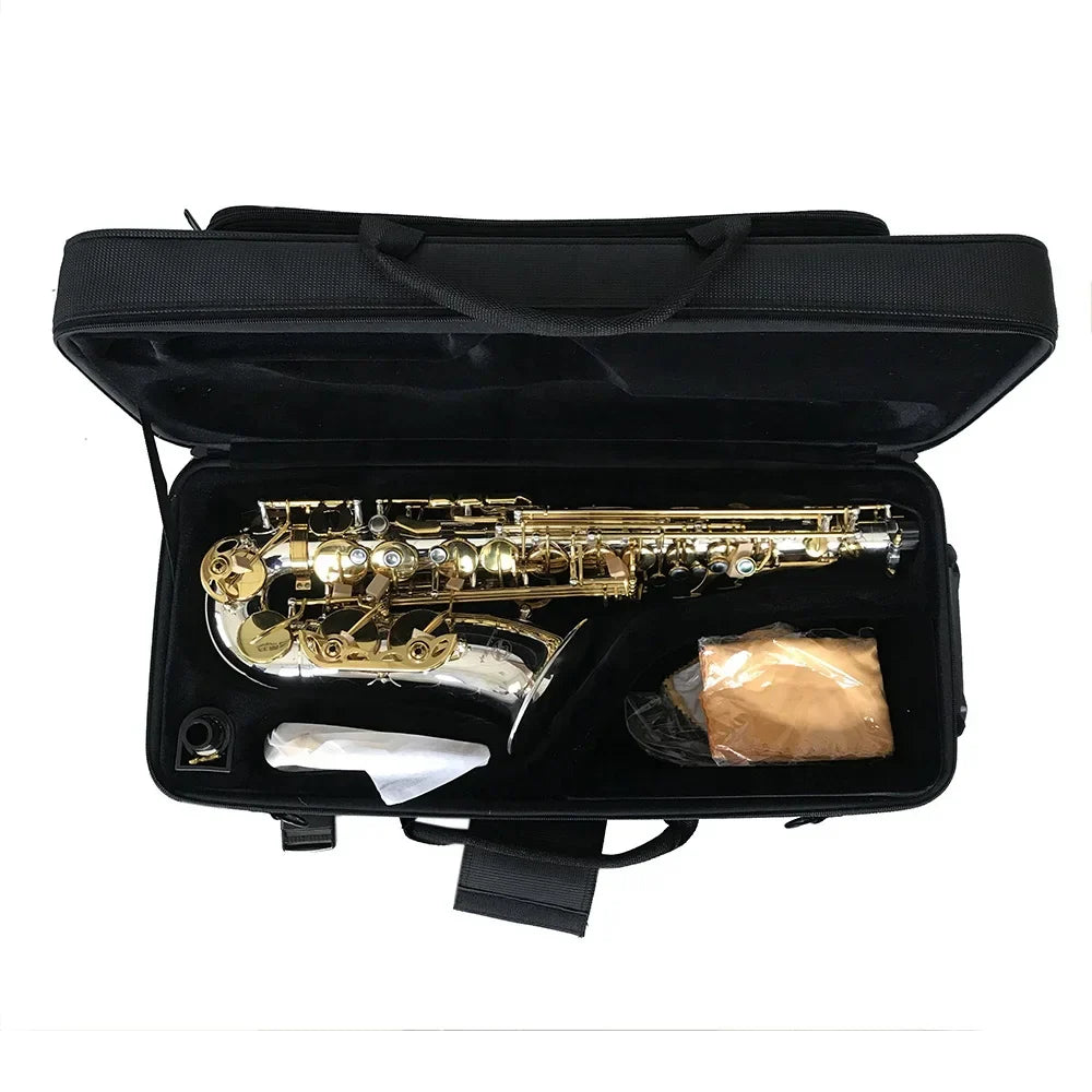 A gleaming gold and silver alto saxophone jyas102dsg silver tone adjustable foldable wind instrument in black case