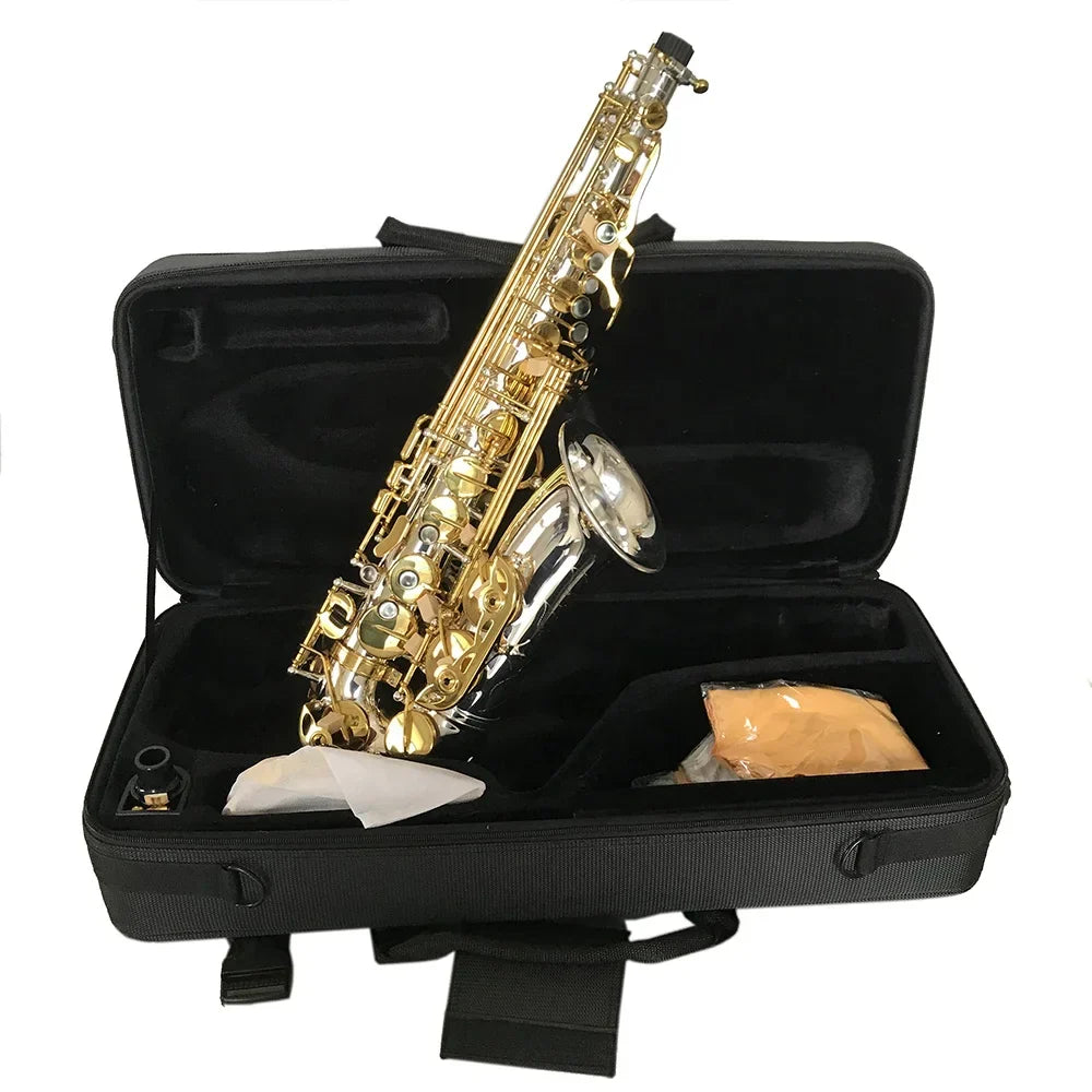A gleaming gold and silver alto saxophone jyas102dsg with silver tone adjustable foldable wind instrument in black case