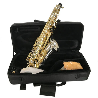 A gleaming gold and silver alto saxophone jyas102dsg with silver tone adjustable foldable wind instrument in black case