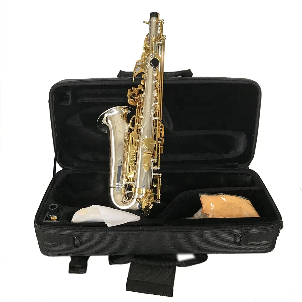 A gleaming gold and silver tone adjustable alto saxophone jyas102dsg foldable wind instrument in a black case