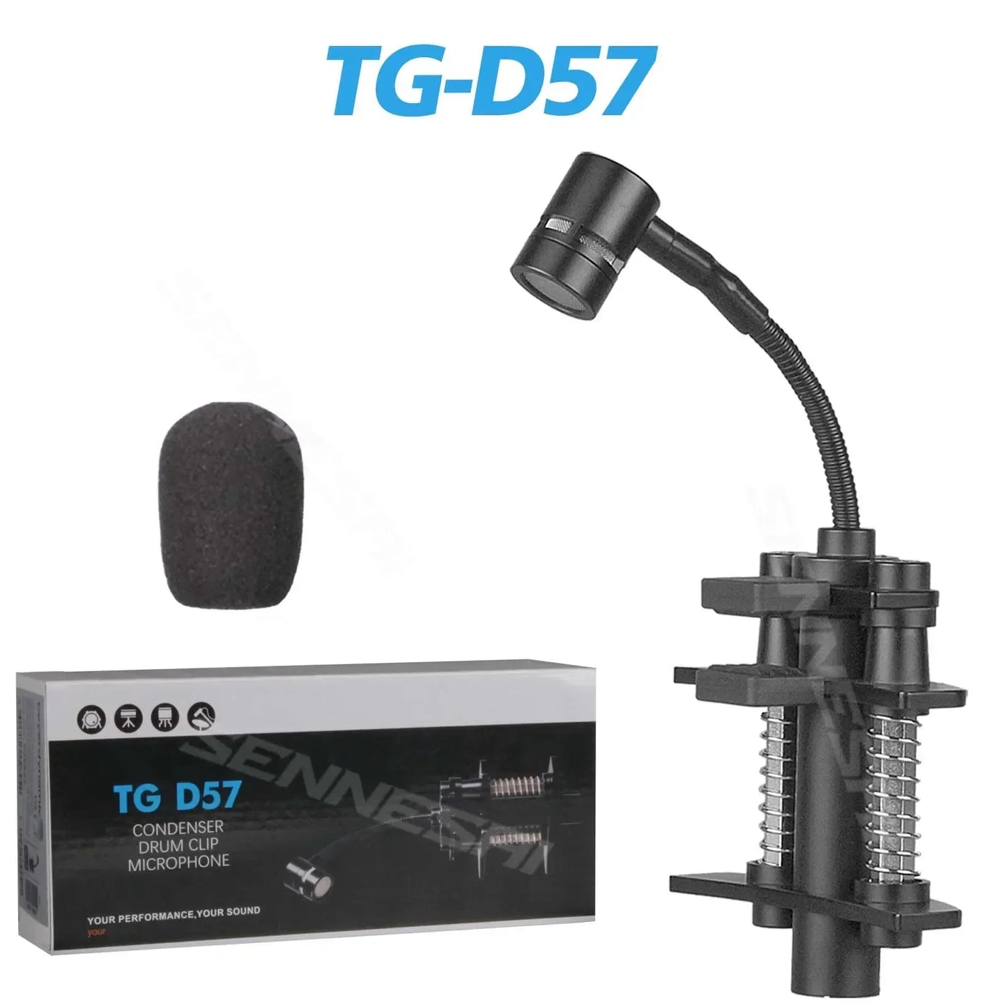 Black tg-d57 condenser metal snare drum microphone with flexible gooseneck clamp for drum instrument music pick up