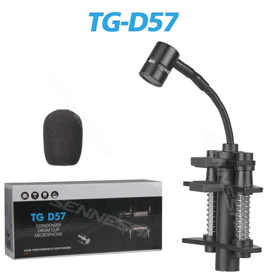 Black tg-d57 condenser metal snare drum microphone with flexible gooseneck clamp for drum instrument music pick up