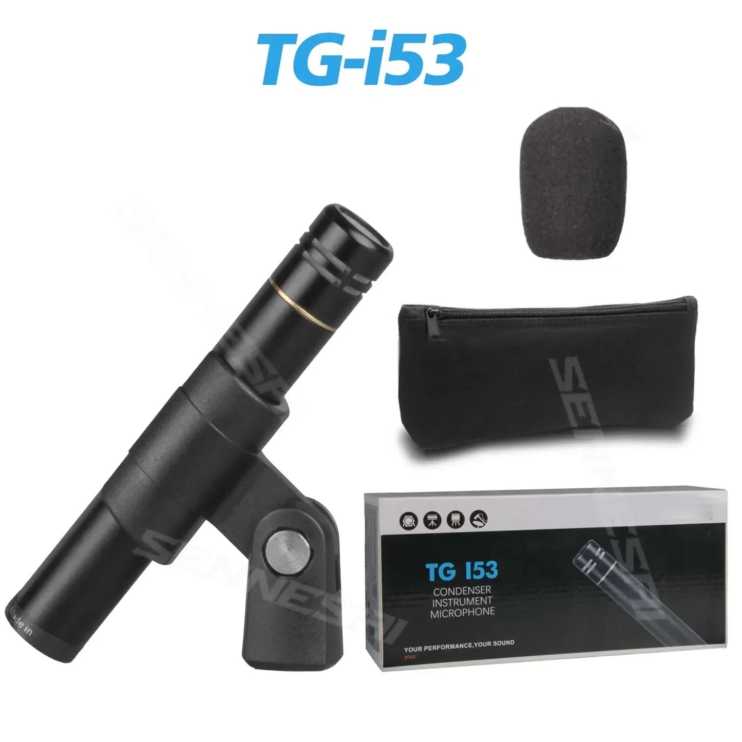 Black tg-i53 metal snare drum microphone with gold accent ring foam windscreen case for drum instrument music pick up