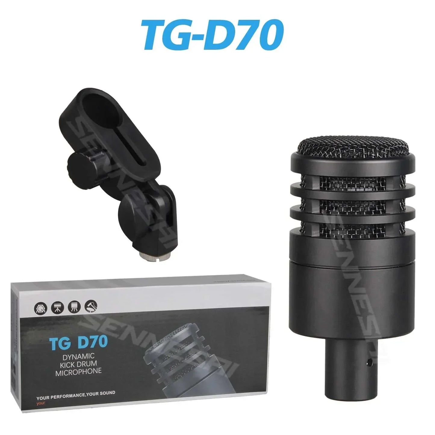 Black tg-d70 dynamic snare drum microphone with mesh grille and metallic accents for drum instrument music pick up