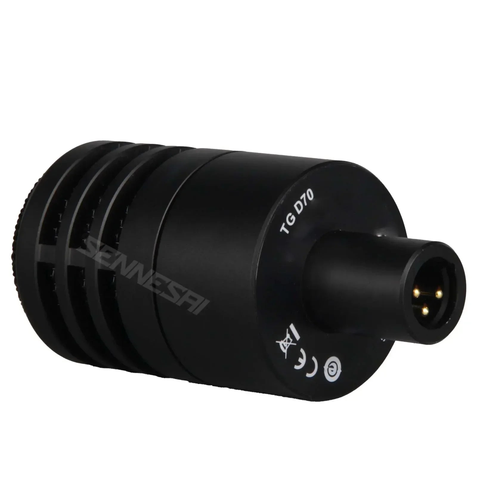 Black sennheiser metal snare drum microphone with textured ridges and gold-plated xlr connector for drum instrument music