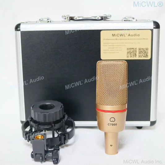 Gold-colored c7000 large diaphragm super cardioid professional condenser microphone with red accent and flight case