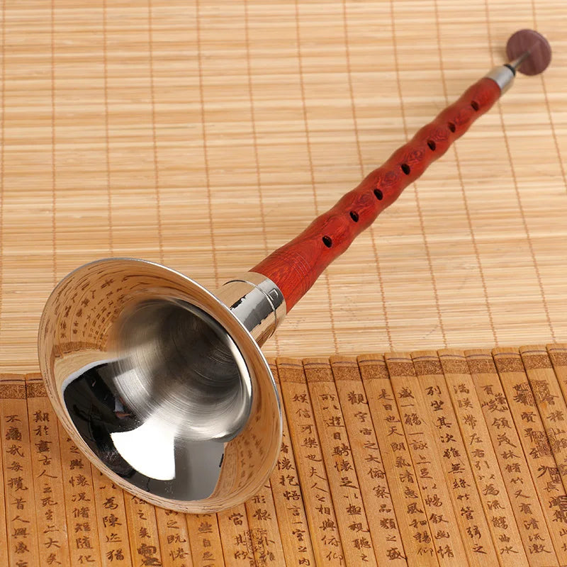 High quality chinese folk wind musical instrument suona with red wooden handle polished silver bell and engraved chinese characters