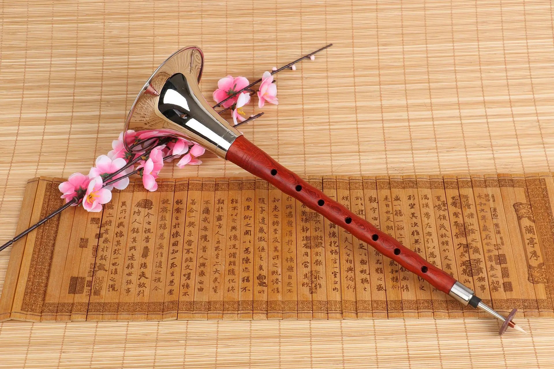 High quality chinese folk wind musical instrument suona with polished brass bell and reddish brown wooden body