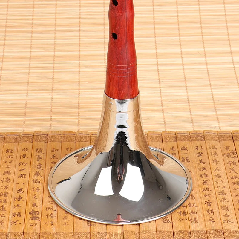 High quality chinese folk wind musical instrument suona with polished red wooden body and shiny metallic bell in key of g d f