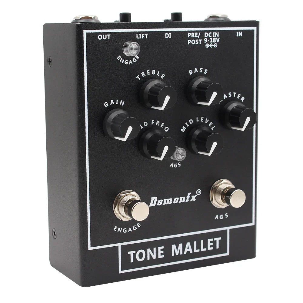 Black demonfx tone mallet guitar effects pedal with silver knobs and white labeling for high quality demonfx bass station amps