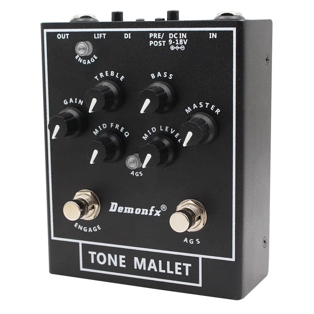 Black demonfx tone mallet guitar effects pedal with silver knobs and switches for high quality demonfx bass station amps