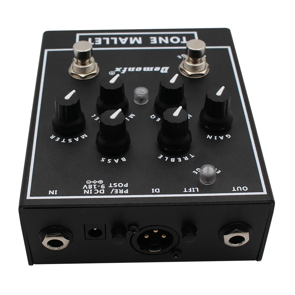Black demonfx tone mallet bass station amps preamp di pedal with silver knobs and white labeling for electric bass