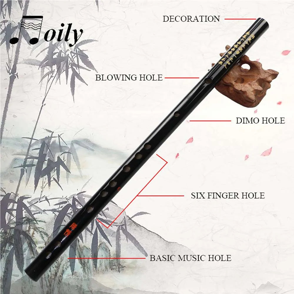 Black lacquered bamboo dizi flute with gold engraved markings and carved wooden rest traditional musical instruments quality flute chinese