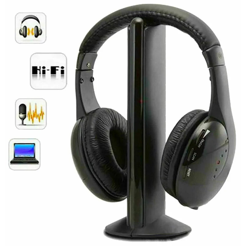 Black hifi wireless headphones with padded earcups and microphone wireless receiver for tv computer use