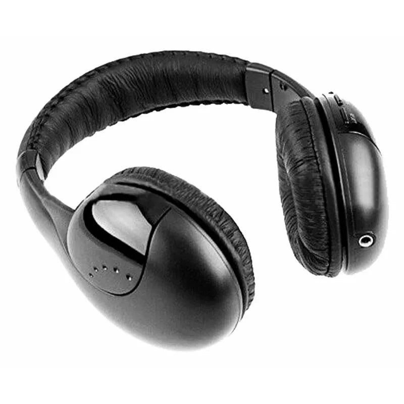 Black over-ear hifi wireless headphones with padded textured earcups and microphone wireless receiver for tv computer use