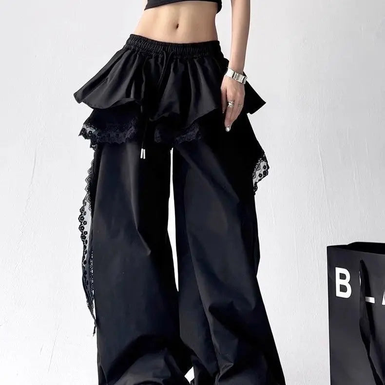 Black ruffled wide-leg pants with lace tiered skirt trim and elastic waistband for sexy women girls hip hop dancewear
