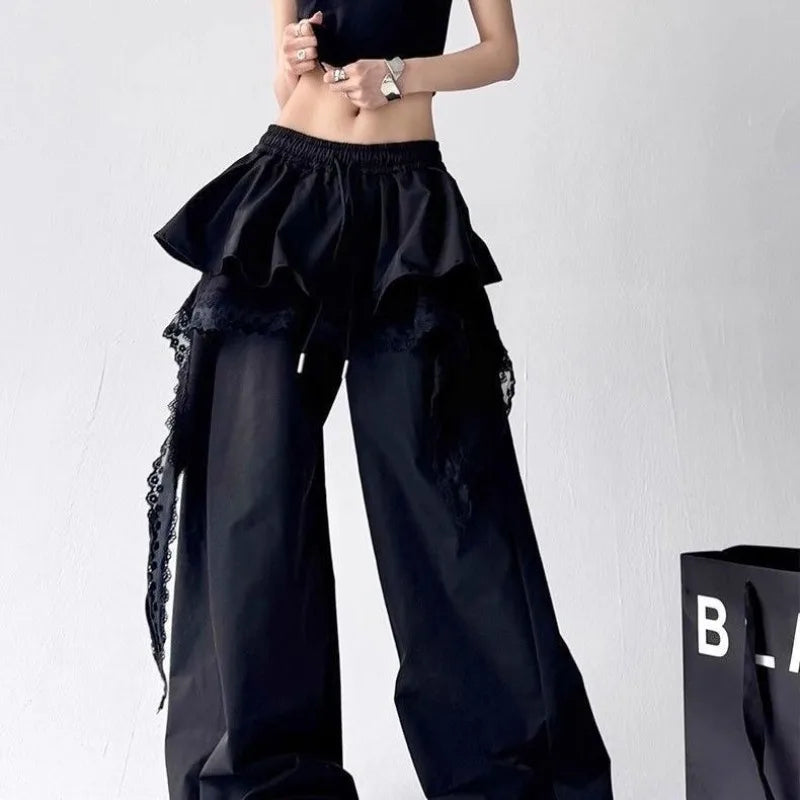 Black lace tiered skirt style wide-leg pants hip hop design with elastic waistband for sexy women girls casual wear